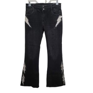 Tractr Mid Rise Lightning Bolt Studded Double Waistband Black Flare Jeans 14